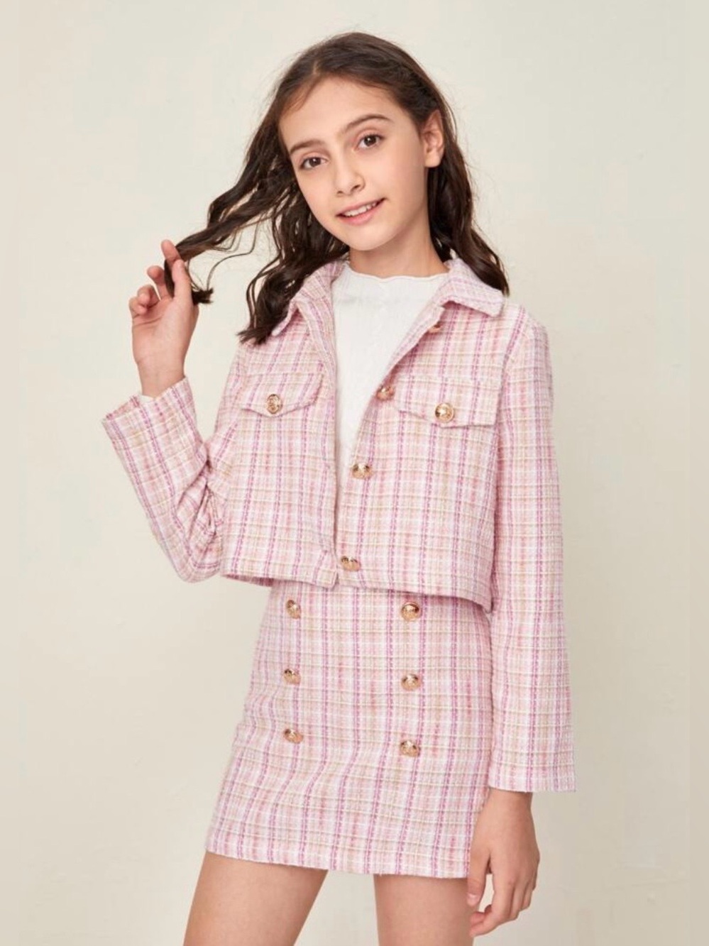 Pink Tweed Jacket & Skirt Set. Size 7/8.